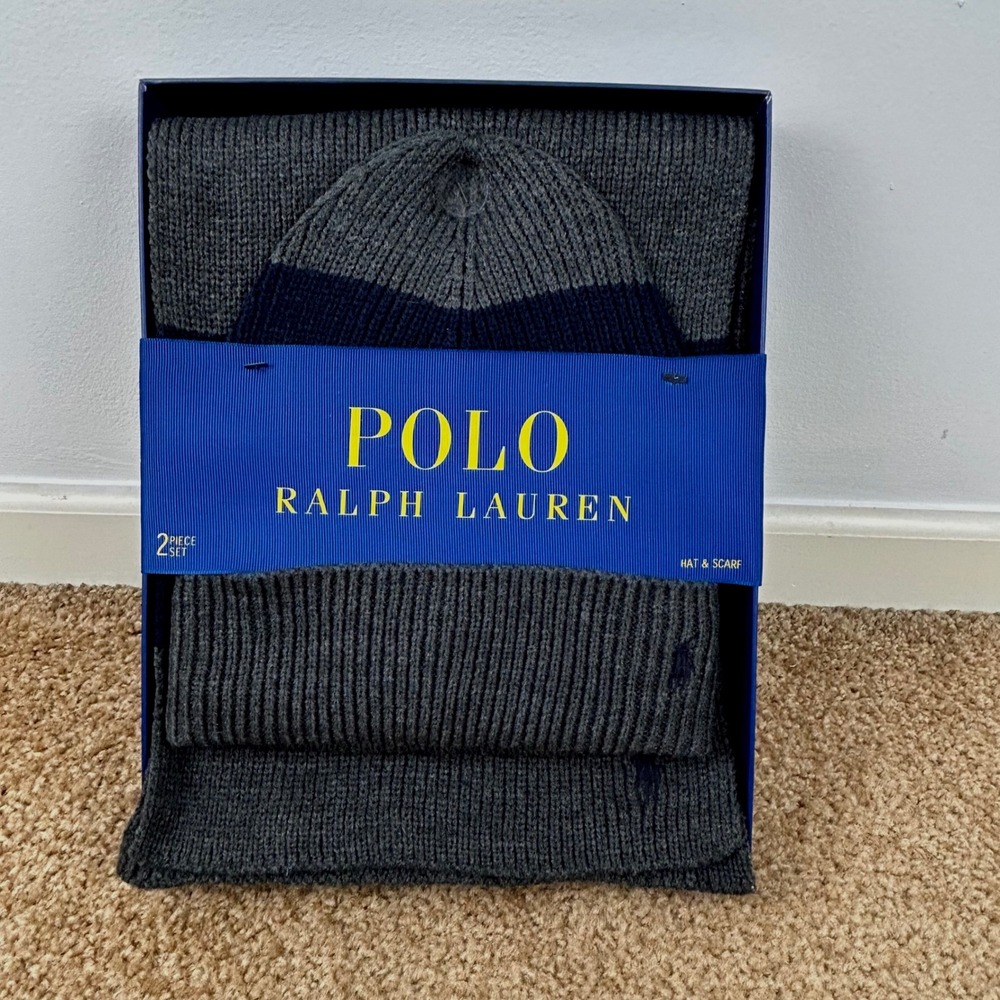 Polo Ralph Lauren Mens Two Piece Knit Hat Scarf Set Gray Navy O/S PP0430